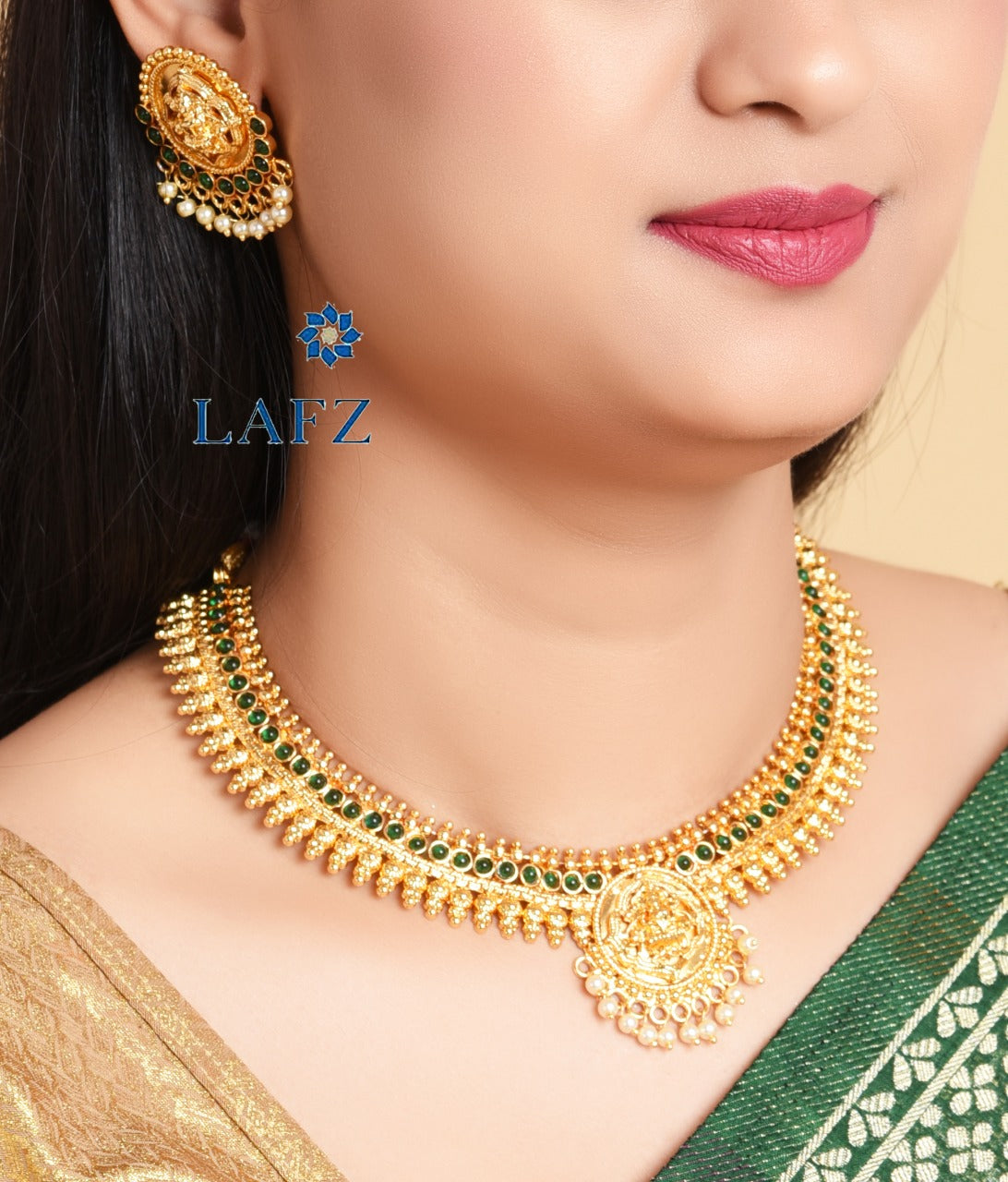 Traditional Gold Finish Green Stone Temple Jewellery Set